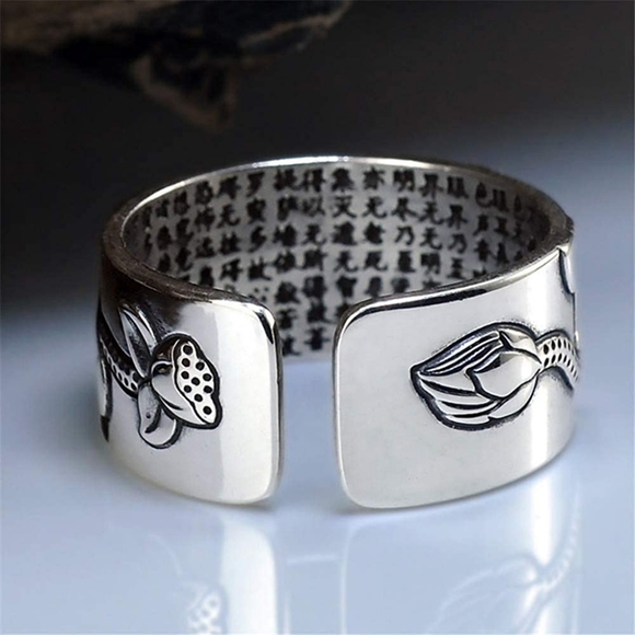 999 sterling silver vintage lotus heart sutra ring - Picture 2 of 4